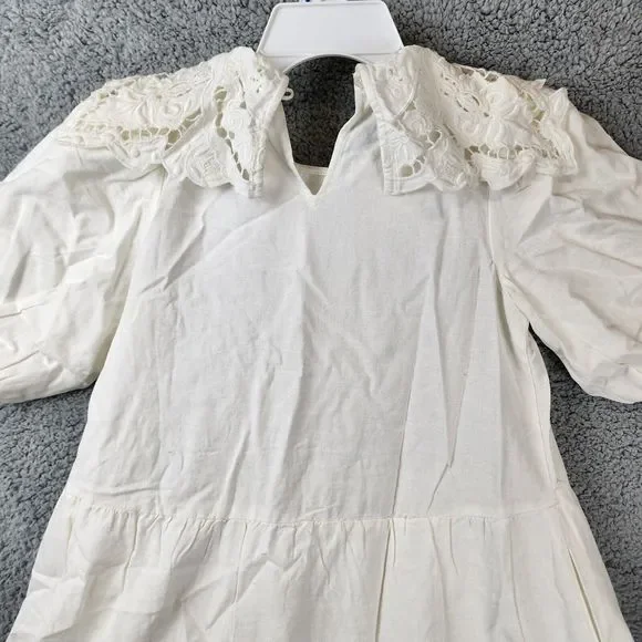 SEA NY Anita Eyelet Linen Blend Puff Sleeve Dress Girls 10 Cream Button Closure~ - Picture 11 of 11